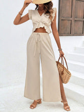 Women's Solid Color Flying Sleeve Top And Split Hem Pants Set